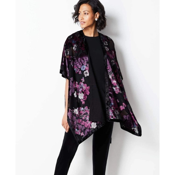 J. Jill Velvet Burnout Kimono Cardigan One Size Purple Black Floral Sheer Boho - Picture 1 of 6